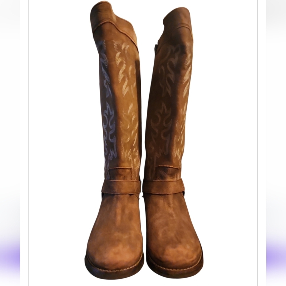 Abilene Women's Rawhide 12" Tall Side Zipper Harness Boot Round Toe 5911 Brown - Picture 2 of 9